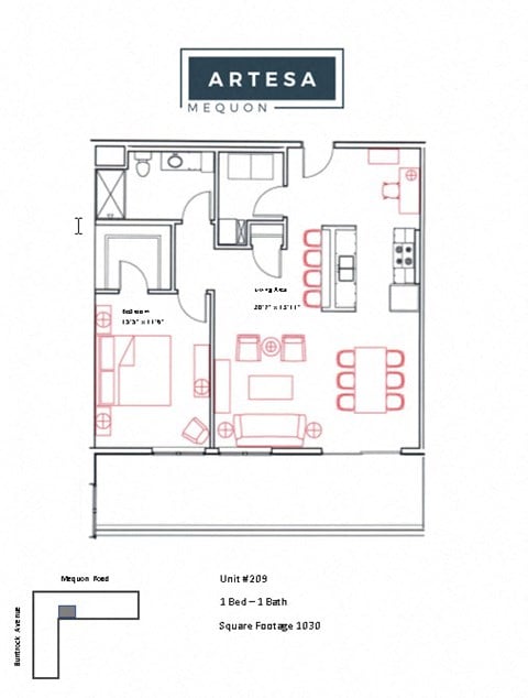 Floor plan for 1 bed, 1 bath, 1030 sqft